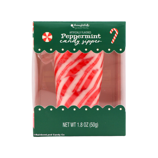 Peppermint Candy Shot Glass in packaging, red and white swirled candy shaped into a small edible cup, green header labeled "Peppermint candy sipper," net weight 1.8 oz.