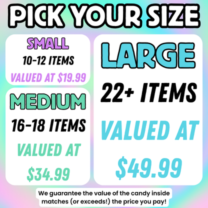"Pick Your Size" Mystery Box pricing graphic showing three tiers — Small (10-12 items, valued at $19.99), Medium (16-18 items, valued at $34.99), and Large (22+ items, valued at $49.99) — on a pastel tie-dye background, with a value guarantee note at the bottom.