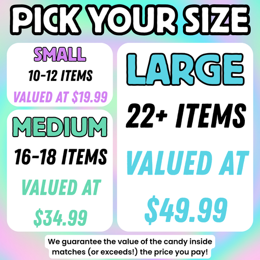 "Pick Your Size" Mystery Box pricing graphic showing three tiers — Small (10-12 items, valued at $19.99), Medium (16-18 items, valued at $34.99), and Large (22+ items, valued at $49.99) — on a pastel tie-dye background, with a value guarantee note at the bottom.