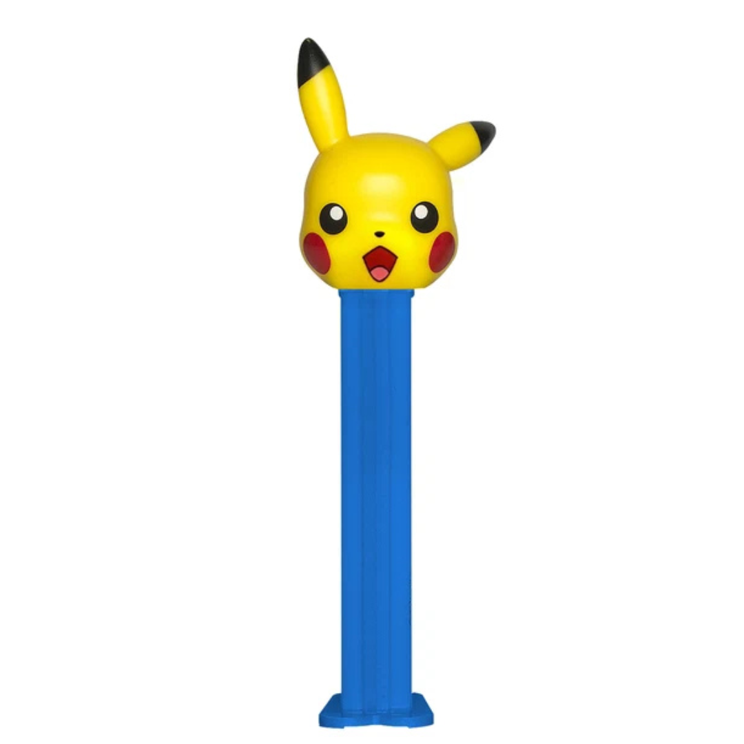 Pikachu Pokémon PEZ dispenser featuring a yellow Pikachu head with an open-mouthed smile, black-tipped ears, and red cheeks on a blue dispenser.