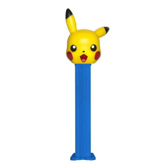 Pikachu Pokémon PEZ dispenser featuring a yellow Pikachu head with an open-mouthed smile, black-tipped ears, and red cheeks on a blue dispenser.