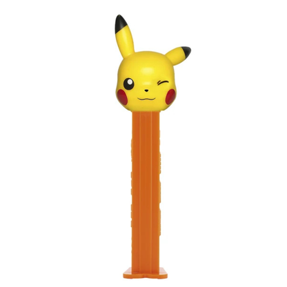Pikachu Pokémon PEZ dispenser featuring a yellow winking Pikachu head with black-tipped ears and red cheeks on an orange dispenser.