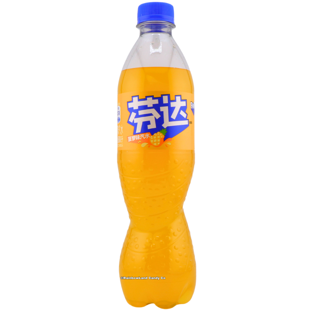500 ml bottle of Fanta Pineapple imported from China featuring a yellow-orange pineapple-flavored soda with a blue cap and Chinese Fanta branding with pineapple graphics.