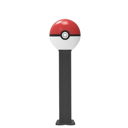 Poké Ball Pokémon PEZ dispenser featuring a glossy red and white Poké Ball head with black center button design on a black dispenser.