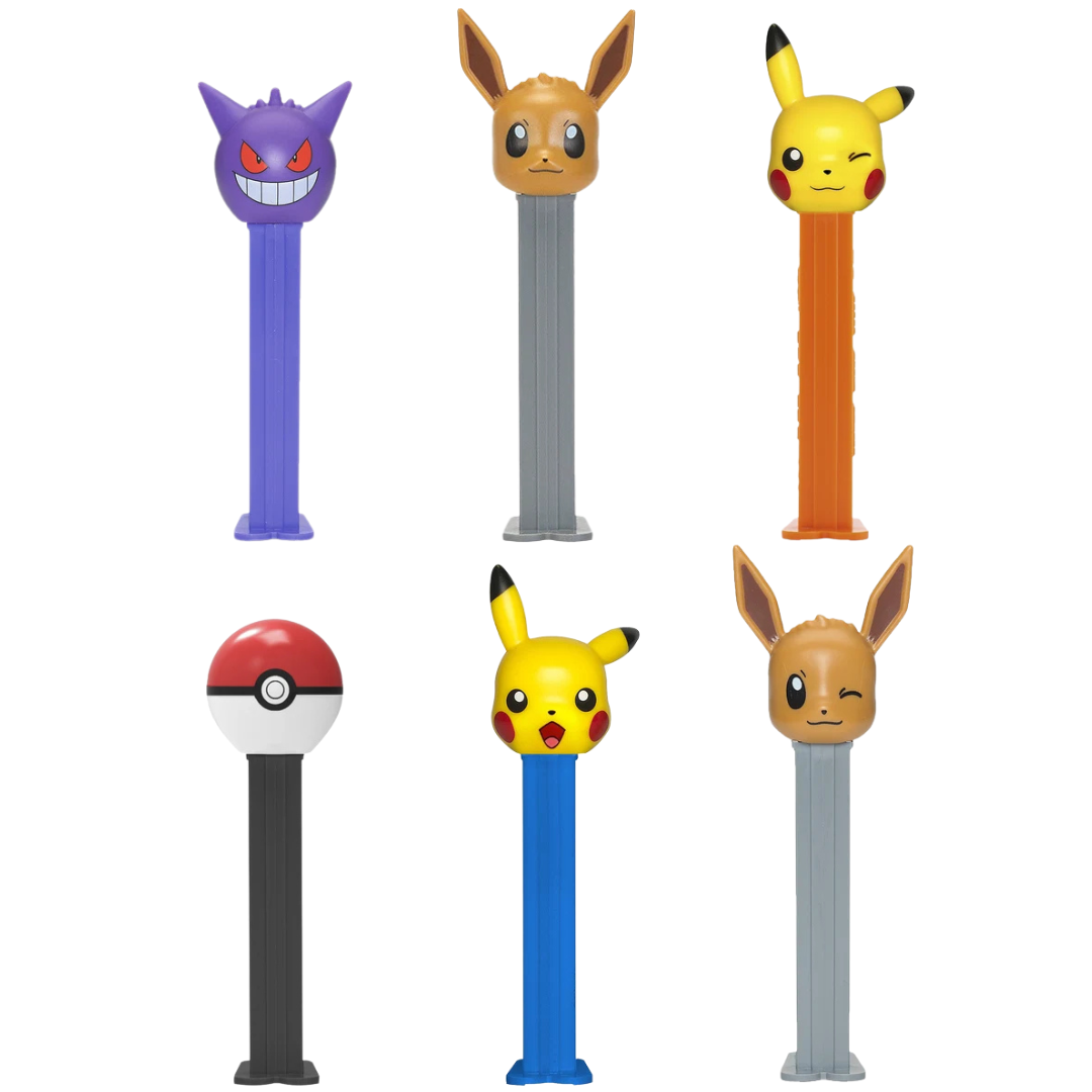 Six PEZ Pokemon dispensers lined up together — smiling Pikachu, Eevee, winking Pikachu, Gengar, winking Eevee, and a Poke Ball, each on a matching colored dispenser.