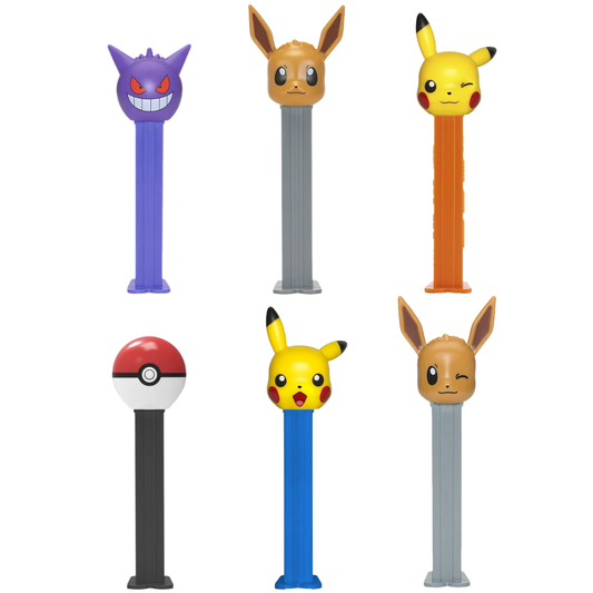 Six PEZ Pokemon dispensers lined up together — smiling Pikachu, Eevee, winking Pikachu, Gengar, winking Eevee, and a Poke Ball, each on a matching colored dispenser.
