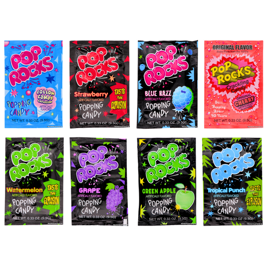 Variety of Pop Rocks popping candy packs in different flavors including strawberry, watermelon, and blue razz.