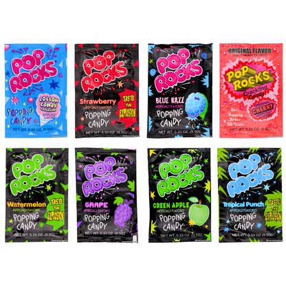 Pop Rocks Popping Candy 0.33oz packets in 8 flavors cotton candy strawberry blue razz original cherry watermelon grape green apple and tropical punch.