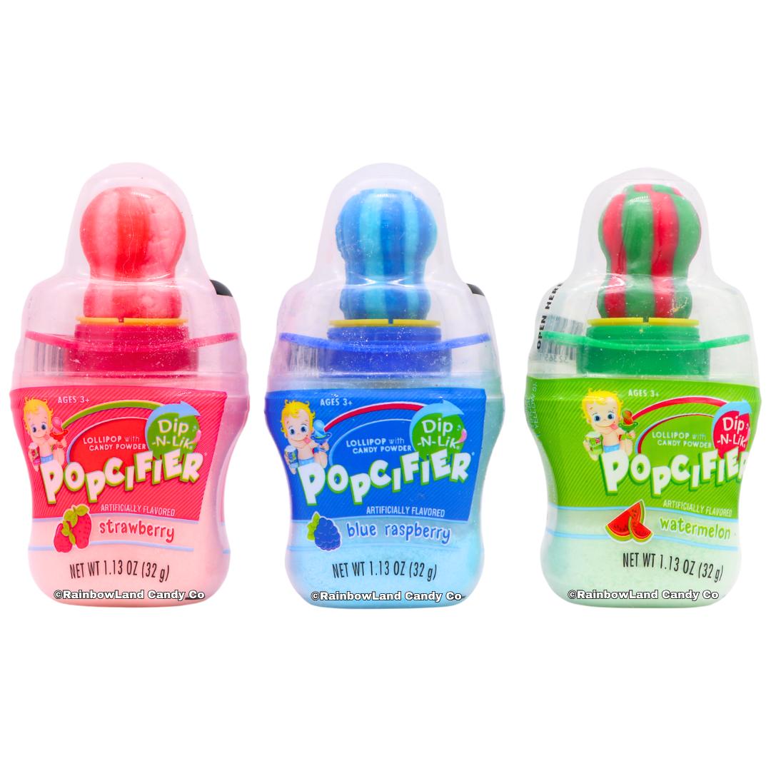 Popcifier Dip-N-Lik novelty candy 1.13oz shown in three flavors — strawberry pink, blue raspberry blue, and watermelon green — each featuring a pacifier-shaped lollipop on top of a baby bottle container filled with matching flavored candy powder.