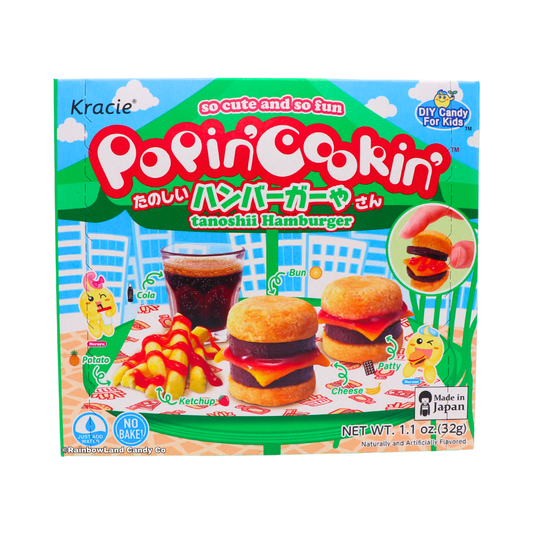 Green and blue Kracie Popin' Cookin' Hamburger DIY candy kit box featuring two mini candy burgers with cheese and ketchup, a pile of fries, and a glass of cola.