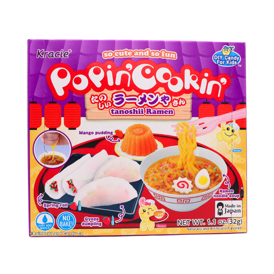 Purple Kracie Popin' Cookin' Ramen DIY candy kit box featuring a miniature ramen noodle soup bowl with egg and fish cake, gyoza dumplings, a spring roll, and an orange mango pudding.