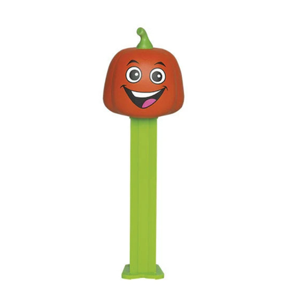 Halloween PEZ dispenser with a smiling orange pumpkin face and green stem, green dispenser, sold by RainbowLand Candy Co.