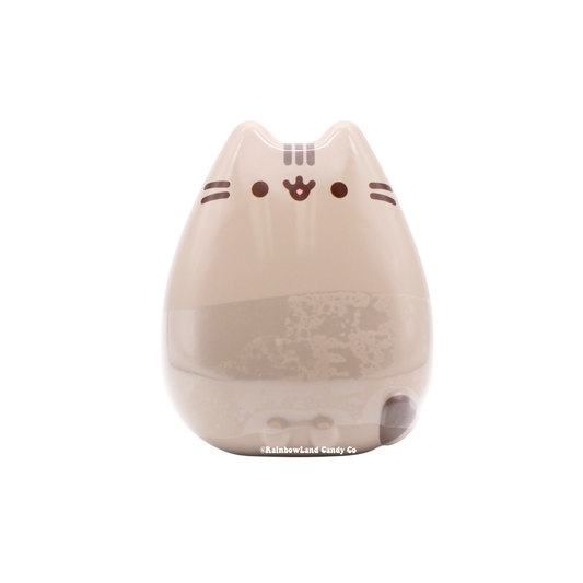 Cute Pusheen cat-shaped collectible tin filled with strawberry candy, featuring a smiling gray tabby design.