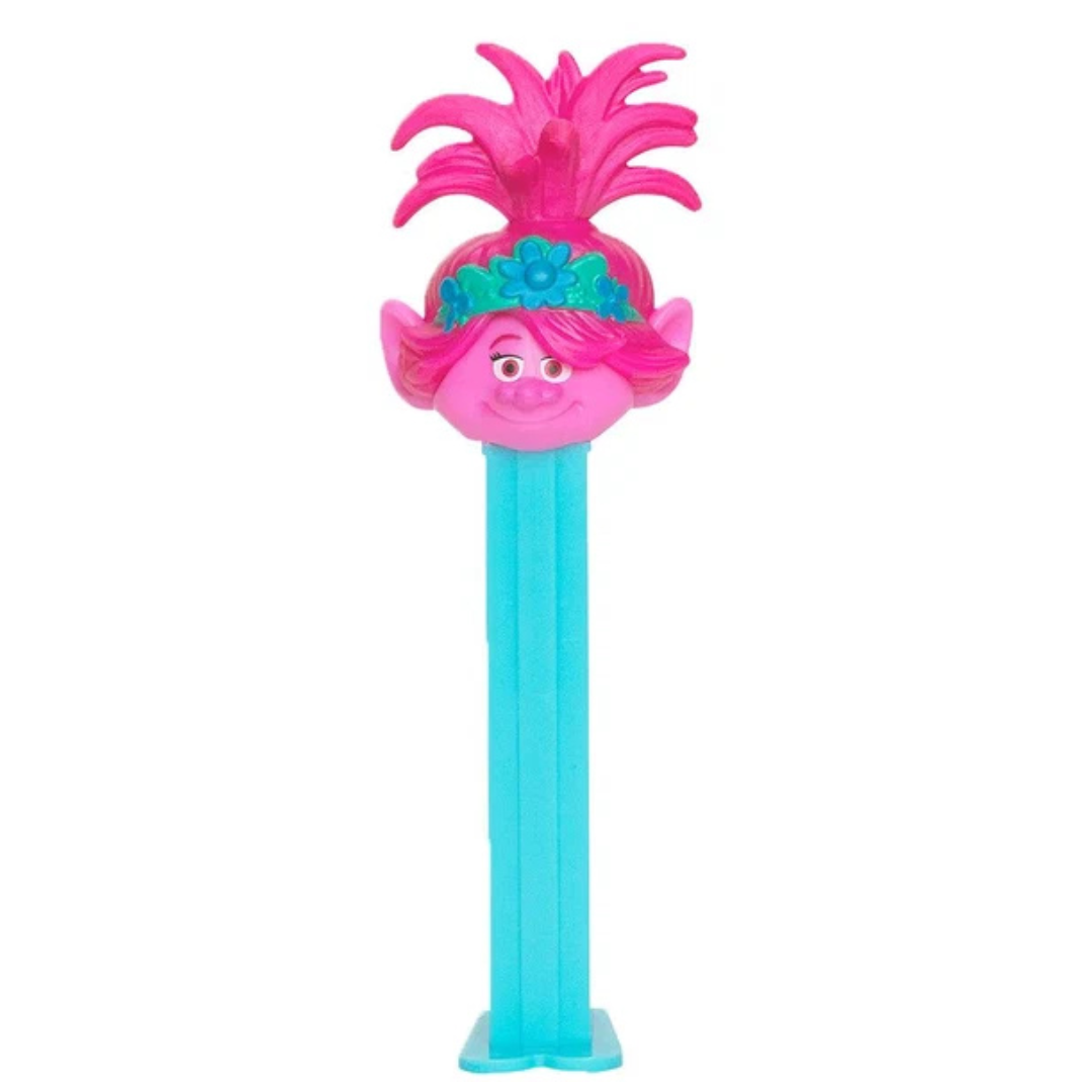 Trolls World Tour Queen Poppy PEZ dispenser with pink skin, pink spiky hair, and a teal flower crown, teal dispenser.