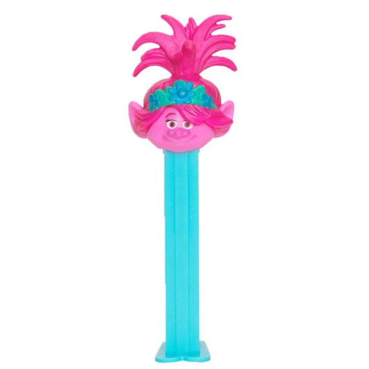 Trolls World Tour Queen Poppy PEZ dispenser with pink skin, pink spiky hair, and a teal flower crown, teal dispenser.