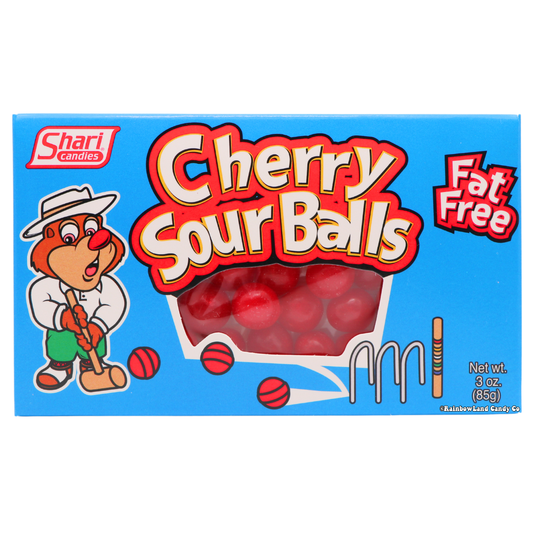 Cherry Sour Balls theater box with red candies and fun packaging design.