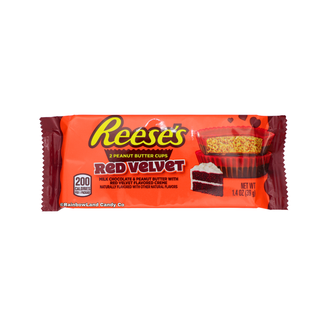 Reese’s Red Velvet Peanut Butter Cups candy package showing two milk chocolate peanut butter cups with red velvet flavored creme in a 1.4 ounce wrapper against a white background.
