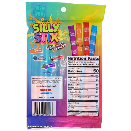 Back of World's Silly Stix Sour Filled Candy Straws bag showing the four candy straw flavors, nutrition facts panel, and ingredient list.
