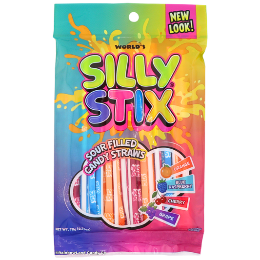 Rainbow gradient World's Silly Stix Sour Filled Candy Straws bag with a clear window showing colorful candy straws in Orange, Blue Raspberry, Cherry, and Grape flavors, "New Look!" callout, net weight 2.75 oz (78g).
