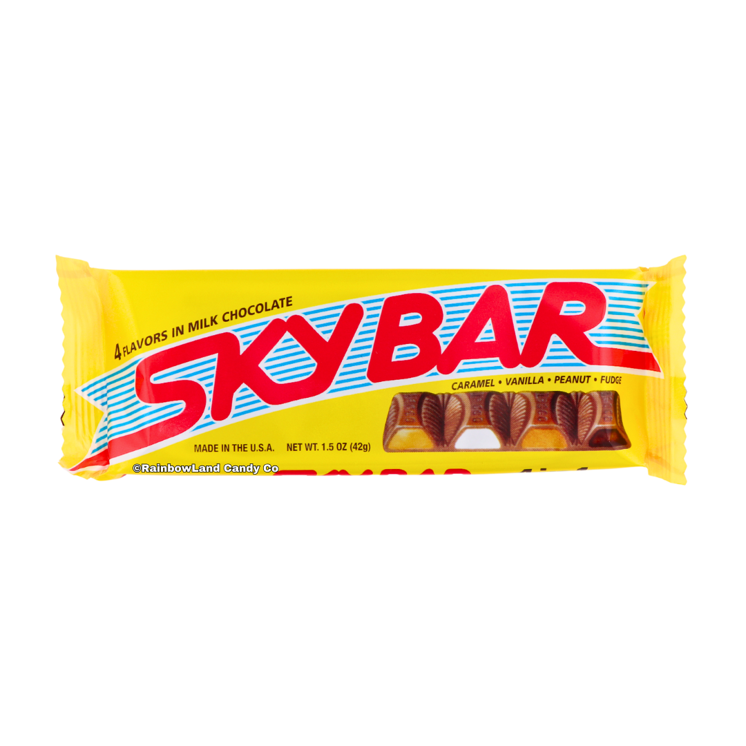 Sky Bar milk chocolate candy bar, 1.5 oz, in yellow and red packaging with "4 Flavors in Milk Chocolate" text and a visible cross-section showing caramel, vanilla, peanut, and fudge centers.