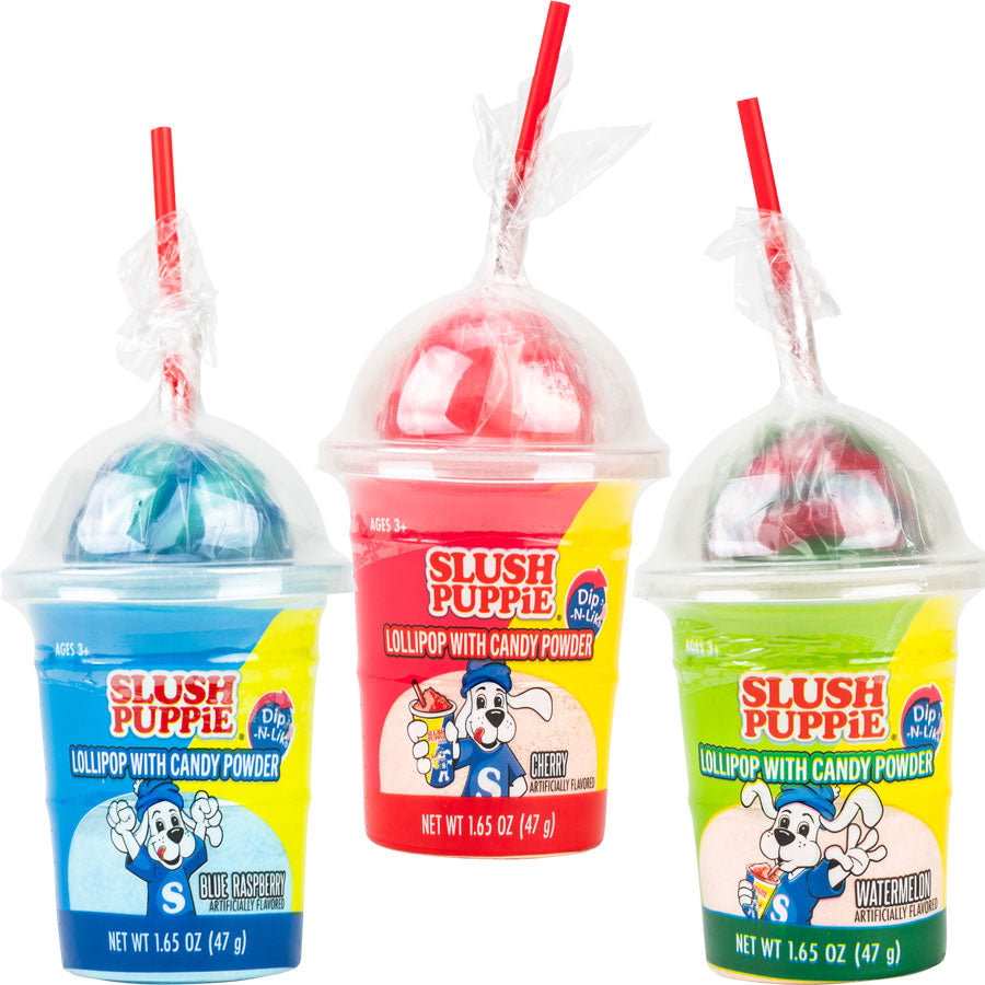 Three Slush Puppie Dip-N-Lik Candy cups, 1.65 oz, in Blue Raspberry, Cherry, and Watermelon flavors, each featuring a lollipop wrapped in plastic with a red straw and candy powder inside a mini Slush Puppie branded cup.