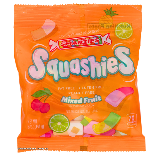 Orange 5 oz bag of Smarties Squashies Mixed Fruit candy featuring soft, two-toned squashy candy pieces in cherry, blackcurrant, lemon, lime, orange, and pineapple flavor colors with fruit graphics on the packaging.