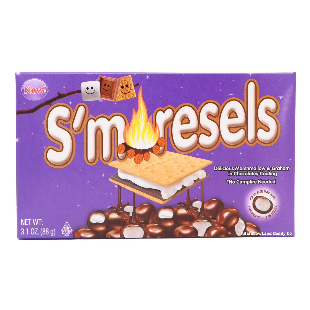 S'moresels theater box 3.1oz bite-sized s'mores candy with soft marshmallow and graham cracker center in a rich chocolatey coating.