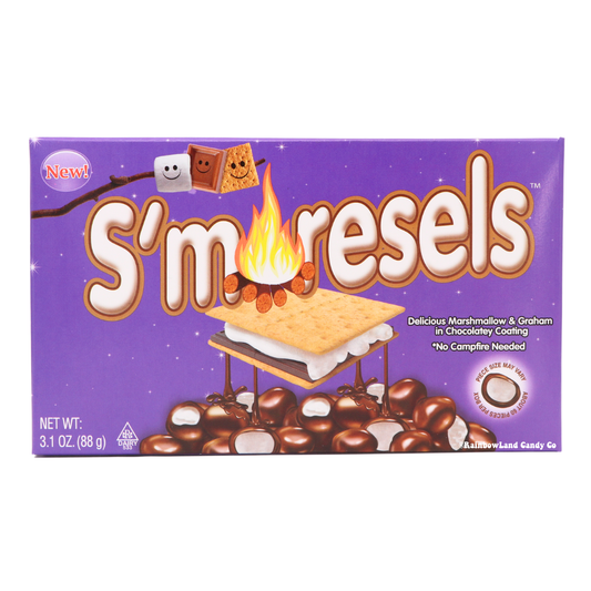 S'moresels theater box 3.1oz bite-sized s'mores candy with soft marshmallow and graham cracker center in a rich chocolatey coating.