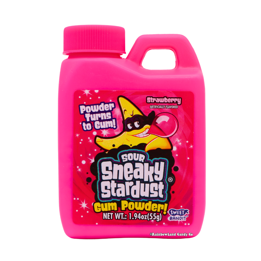 Sneaky Stardust Sour Gum Powder bottle in strawberry flavor, featuring a jug-style container with a bandit mascot blowing a bubble.