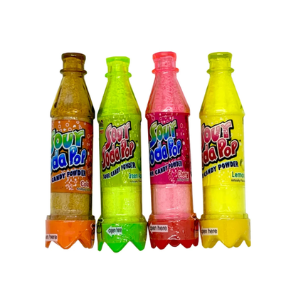Sour Soda Pop Candy Powder complete 4-flavor set featuring 0.32oz mini soda bottle-shaped candy containers in cola amber brown, green apple lime green, cherry pink, and lemon yellow, each filled with matching sour candy powder.