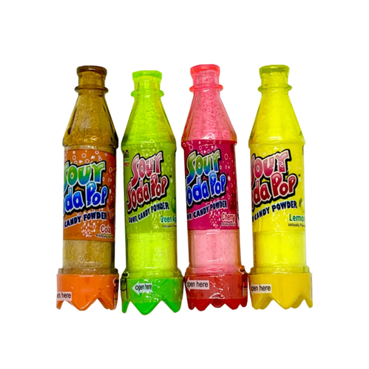 Sour Soda Pop Candy Powder complete 4-flavor set featuring 0.32oz mini soda bottle-shaped candy containers in cola amber brown, green apple lime green, cherry pink, and lemon yellow, each filled with matching sour candy powder.