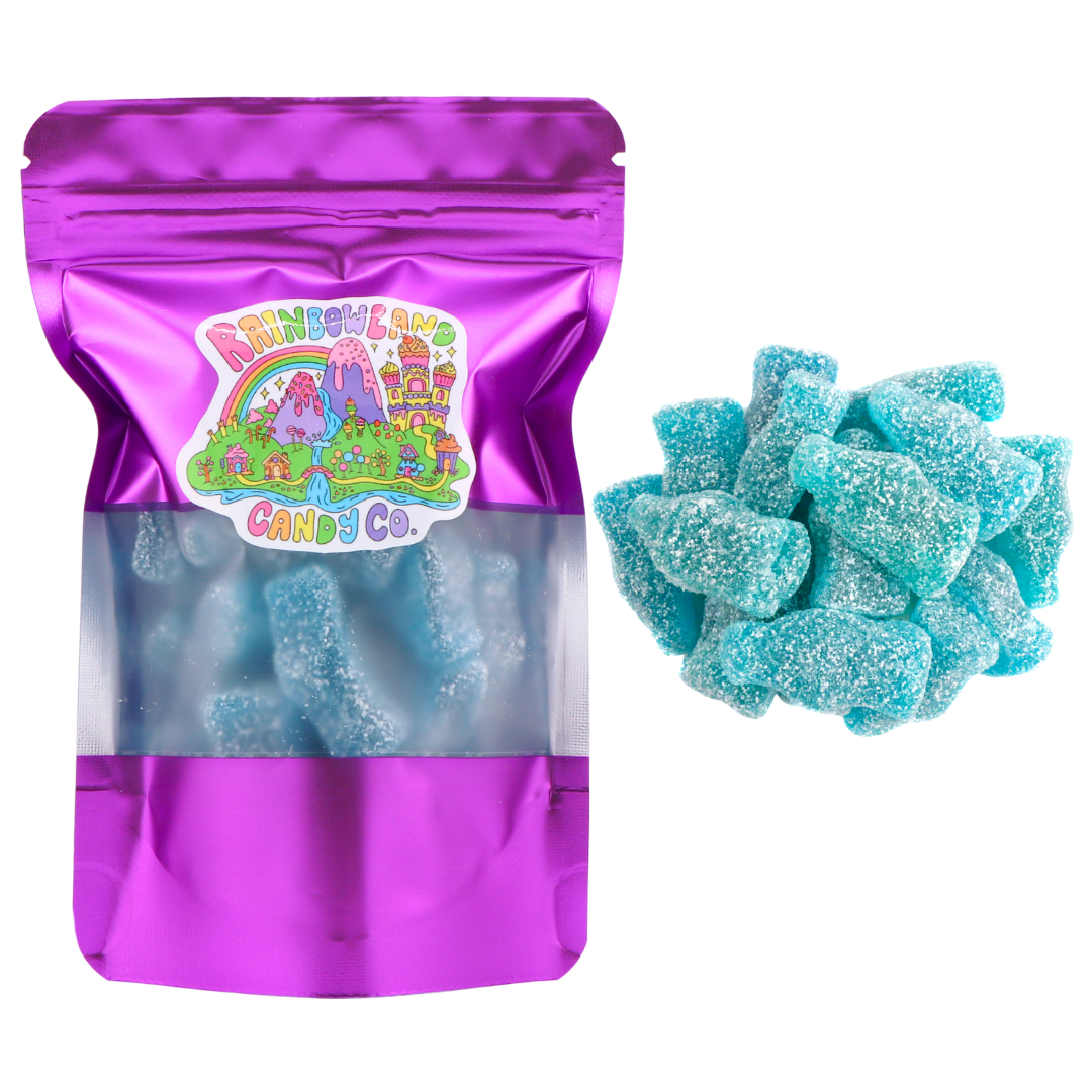 Sour Gummy Blue Raspberry Bottles 4 oz in a metallic purple resealable stand-up bag with a front window and RainbowLand Candy Co. logo, shown with blue sour sugar coated gummy bottles.