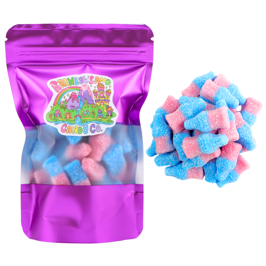 Sour Gummy Bubblegum Bottles 4 oz in a metallic purple resealable stand-up bag with a front window and RainbowLand Candy Co. logo, shown with pink and blue sour sugar coated gummy bottles.