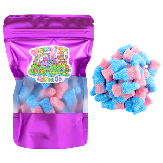 Sour Gummy Bubblegum Bottles 4 oz in a metallic purple resealable stand-up bag with a front window and RainbowLand Candy Co. logo, shown with pink and blue sour sugar coated gummy bottles.