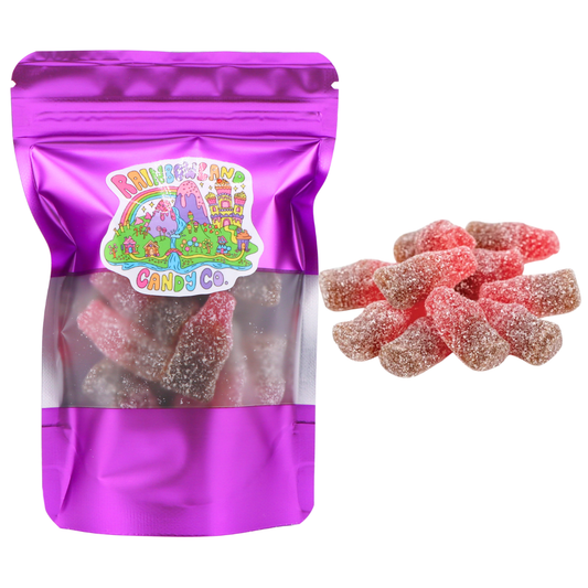 Sour Gummy Cherry Cola Bottles 4 oz in a metallic purple resealable stand-up bag with a front window and RainbowLand Candy Co. logo, shown with red and brown sour sugar coated gummy bottles.