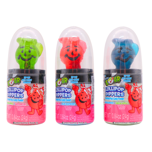 Kool-Aid Sour Lollipop Dippers with colorful character-shaped candy and sour powder, 0.84 oz.