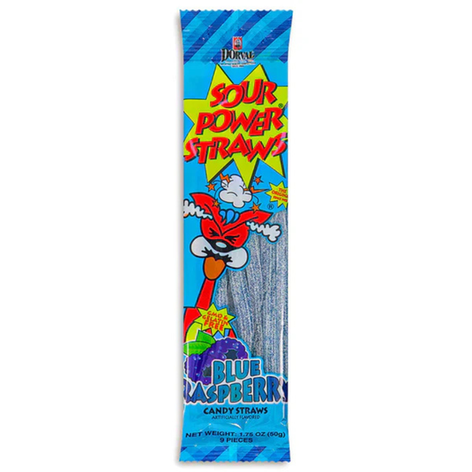Sour Power Straws Blue Raspberry flavor candy package, blue wrapper with a superhero character graphic and blue raspberry illustration, sour candy straws visible through the window, 1.75 oz, 9 pieces.
