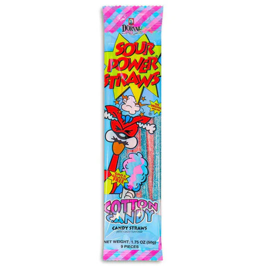 Sour Power Straws Cotton Candy flavor package, pink and blue striped wrapper with a superhero character graphic and cotton candy illustration, sour candy straws visible through the window, 1.75 oz, 9 pieces.