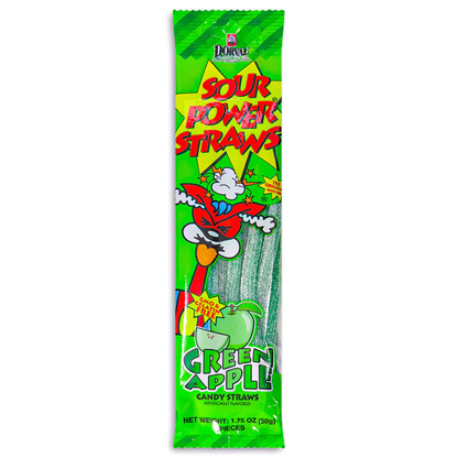 Sour Power Straws Green Apple flavor candy package, green wrapper with a superhero character graphic and green apple illustration, sour candy straws visible through the window, 1.75 oz, 9 pieces.