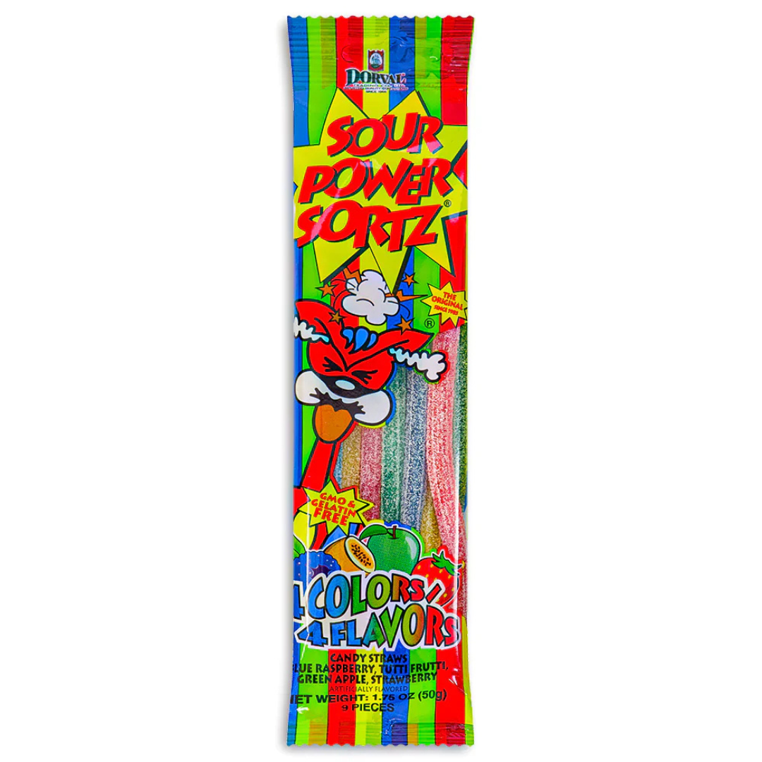 Sour Power Sortz candy straws package, rainbow-striped wrapper showing four colors and flavors of sour candy straws — blue raspberry, tutti frutti, green apple, and strawberry — 1.75 oz, 9 pieces.
