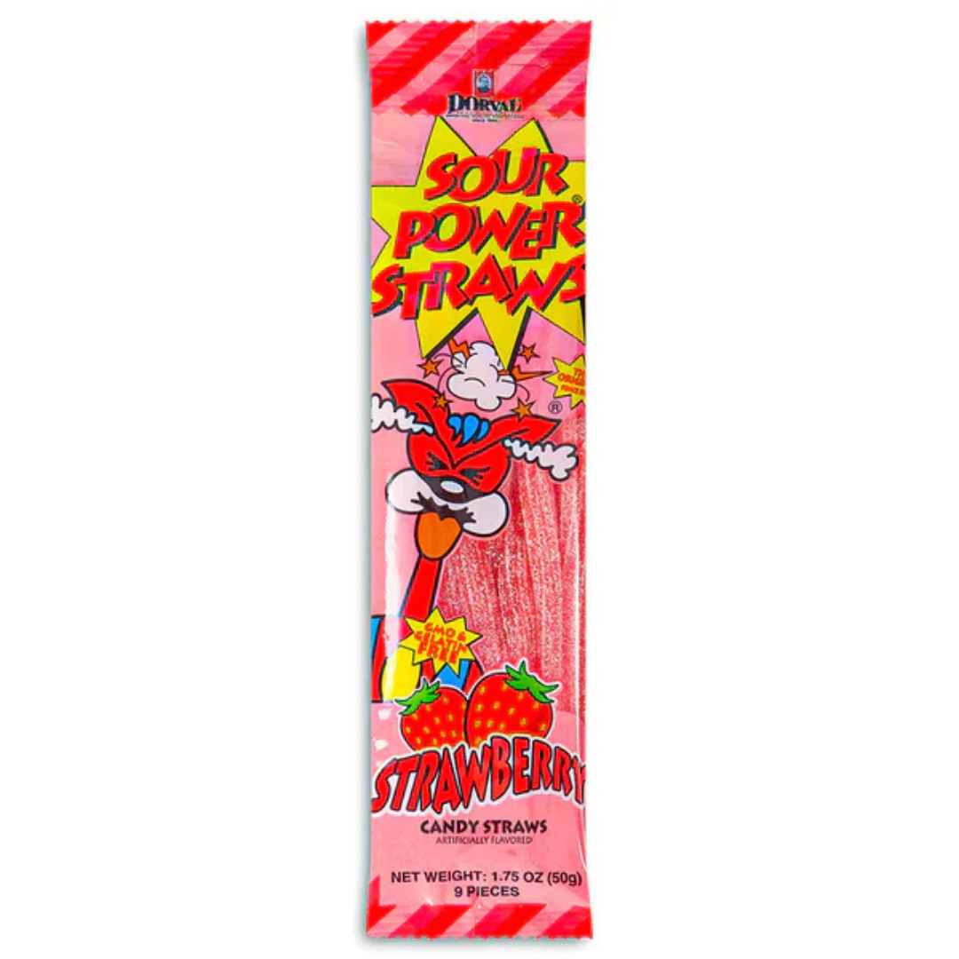 Sour Power Straws Strawberry flavor candy package, pink wrapper with a superhero character graphic and strawberry illustrations, sour candy straws visible through the window, 1.75 oz, 9 pieces.