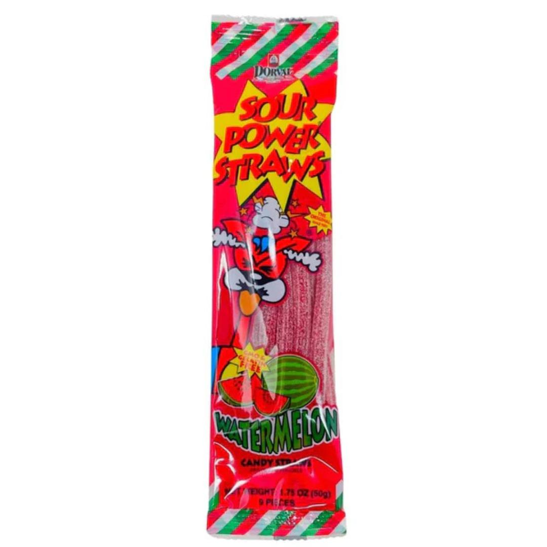 Sour Power Straws Watermelon flavor candy package, red wrapper with a superhero character graphic and watermelon slice illustration, sour candy straws visible through the window, 1.75 oz, 9 pieces.