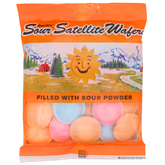 Gerrit's Sour Satellite Wafers candy bag, orange packaging with a smiling sun graphic and snowy mountain scene, pastel pink, blue, and orange wafer discs visible, "Filled with Sour Powder" text, net weight 1.23 oz.