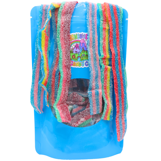 Sour Belts Mix 8 oz bag with colorful variety of cotton candy, rainbow, blazpberry, and watermelon flavors.