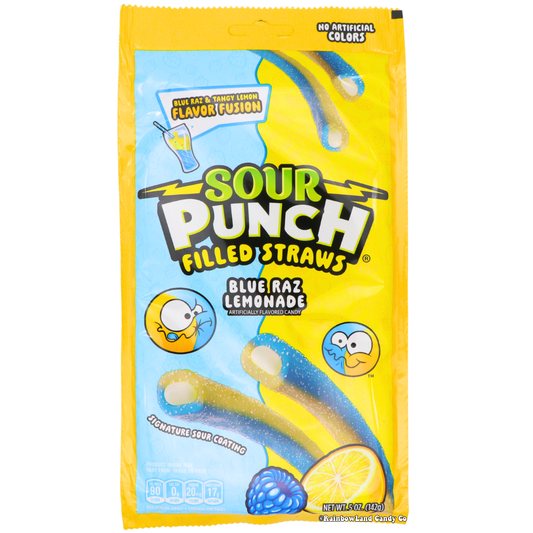 Sour Punch Filled Straws Blue Raz Lemonade candy packaging with bold flavor fusion graphics.