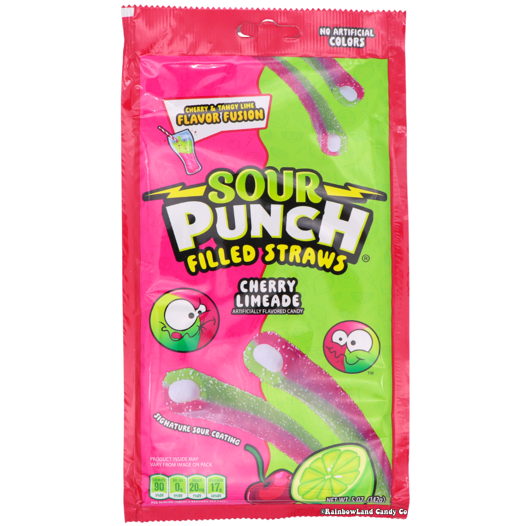 Sour Punch Filled Straws Cherry Limeade 5 oz bag featuring long chewy sour-coated candy ropes with cherry limeade flavor fusion filling in pink and green on bold pink and green Sour Punch branded packaging with no artificial colors.