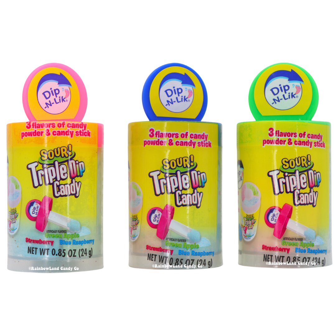 Sour Triple Dip-N-Lik candy with 3 sour flavors: Strawberry, Green Apple, Blue Raspberry, and candy stick.