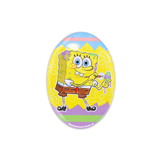 SpongeBob SquarePants Easter candy tin, oval shape with pastel blue, pink, purple, and green stripes, featuring SpongeBob painting a purple and green Easter egg with a paintbrush.