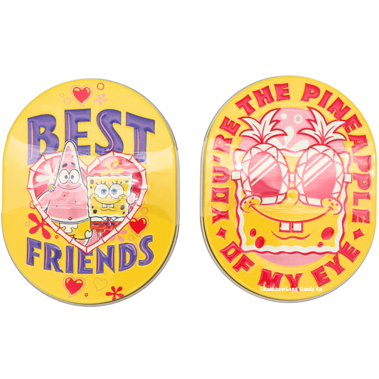 SpongeBob Valentine's Day candy tin designs side by side, "Best Friends" featuring SpongeBob and Patrick in a heart, and "You're the Pineapple of My Eye" featuring SpongeBob behind pineapple-shaped sunglasses.