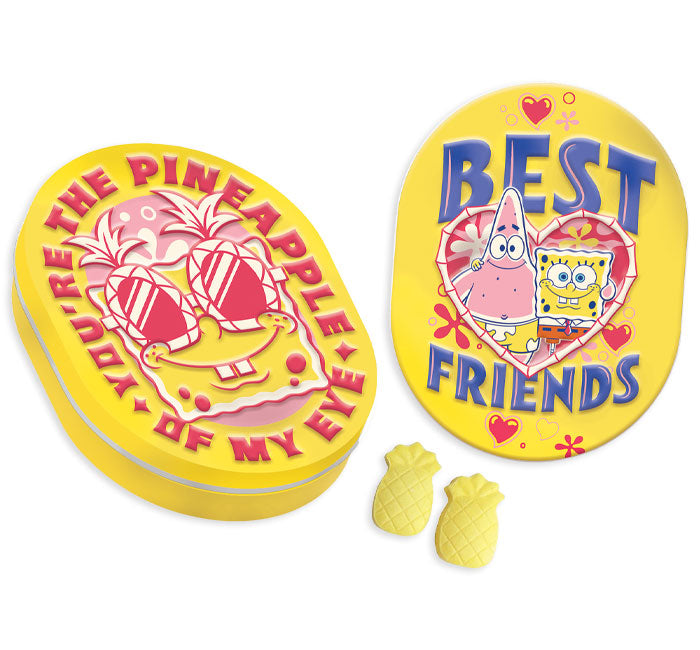 SpongeBob Valentine's Day candy tins, "You're the Pineapple of My Eye" design open with SpongeBob wearing pineapple sunglasses, "Best Friends" design closed with SpongeBob and Patrick in a heart, two pineapple-shaped candies beside the tins.